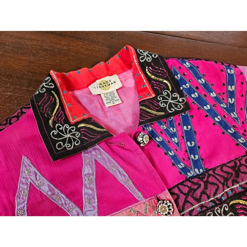 Sandy Starkman Jacket Women M Pink Excellent Silk Blend Patchwork Wearable Art